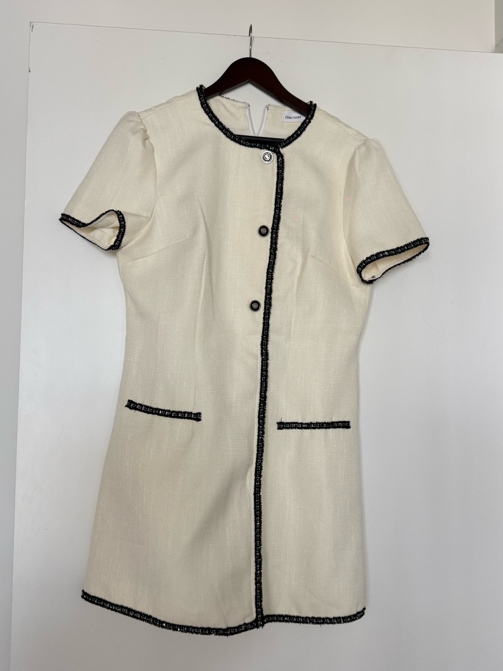 Chicnery Cream Short-Sleeve Tweed Midi Dress with Black Trim